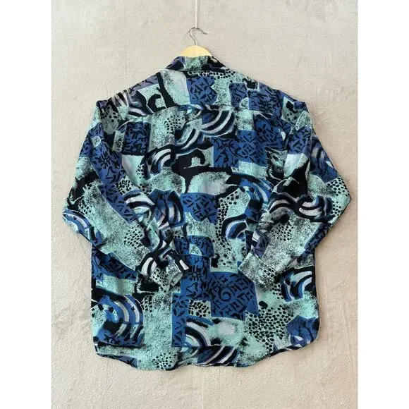 Vintage 80s 90s Laser Men's Medium 100% Silk Abstract Tribal Long Sleeve Shirt - Picture 2 of 8